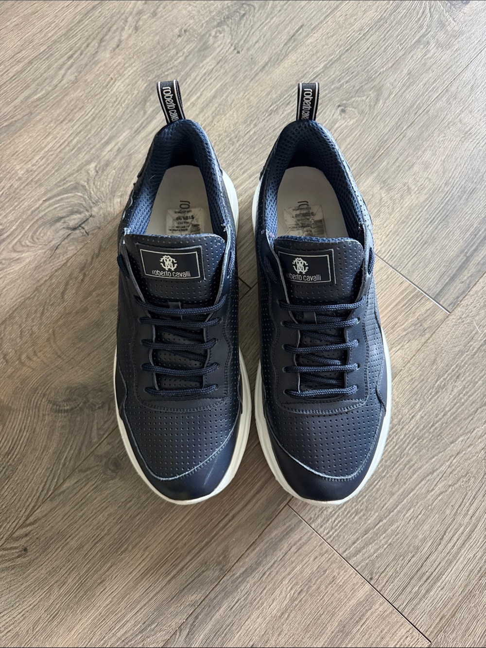 Roberto Cavalli Navy Perforated Lace-Up Sneakers with White Sole